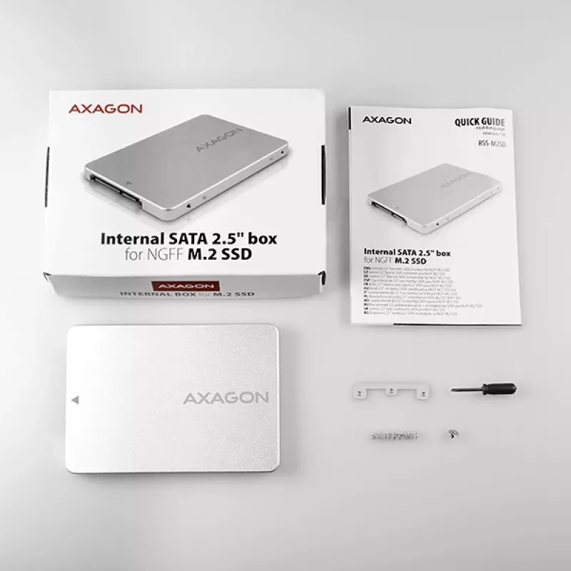 Axagon RSS-M2SD SATA - M.2 SATA SSD, iekšējā 2,5 collu ALU kaste, sudraba