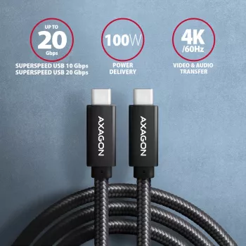 Axagon BUCM32-CM20AB SPEED+ USB-C USB 20Gbps/100W kabelis 2 m