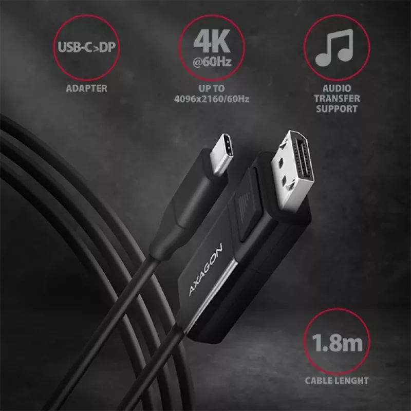 Axagon RVC-DPC USB-C -> DisplayPort kabelis 1,8 m 4K/60Hz