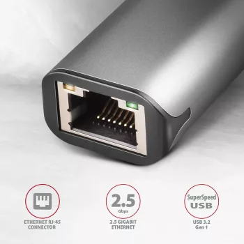 2,5 Gigabitu Ethernet adapteris AXAGON ADE-25R — USB Type-C, 10/100/1000/2500 Mbit, 5000 Mbit/s, alumīnijs, pelēks