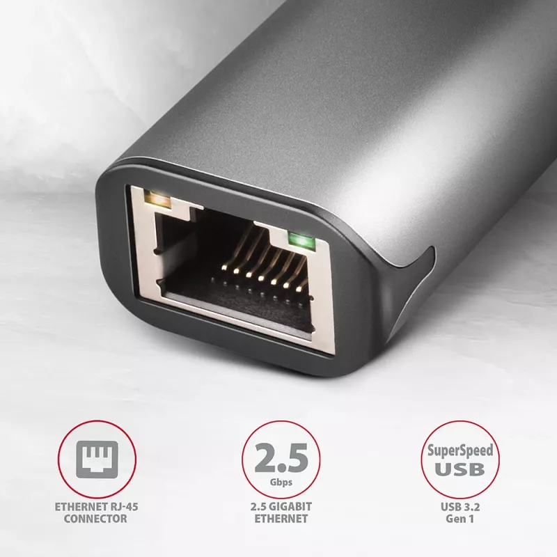 2,5 Gigabitu Ethernet adapteris AXAGON ADE-25R — USB Type-C, 10/100/1000/2500 Mbit, 5000 Mbit/s, alumīnijs, pelēks