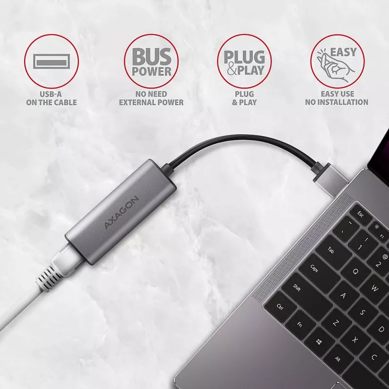 2,5 Gigabitu Ethernet adapteris AXAGON ADE-25R — USB Type-C, 10/100/1000/2500 Mbit, 5000 Mbit/s, alumīnijs, pelēks