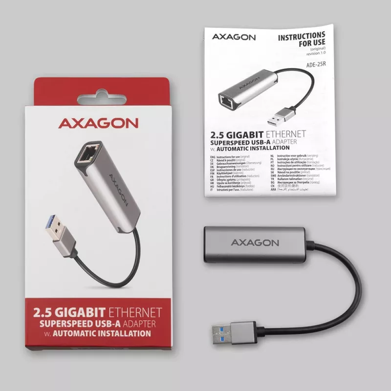 2,5 Gigabitu Ethernet adapteris AXAGON ADE-25R — USB Type-C, 10/100/1000/2500 Mbit, 5000 Mbit/s, alumīnijs, pelēks