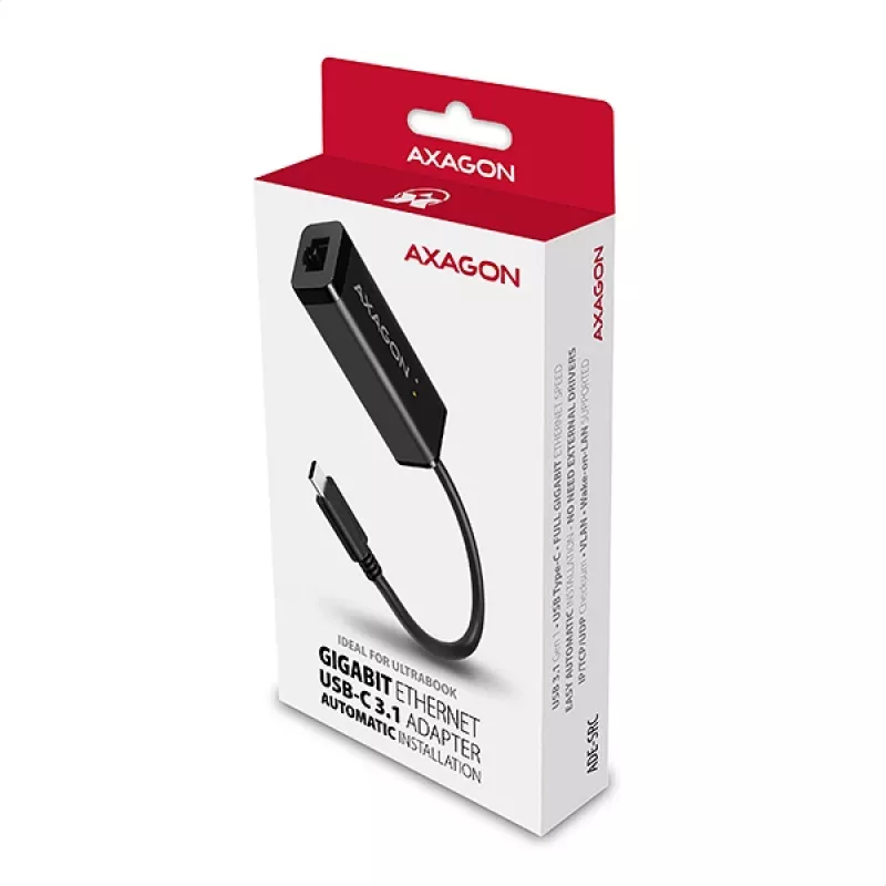 Axagon ADE-SRC USB-C gigabitu Ethernet adapteris, vadu, USB Type-C, Ethernet, 1000 Mbit/s, Melns