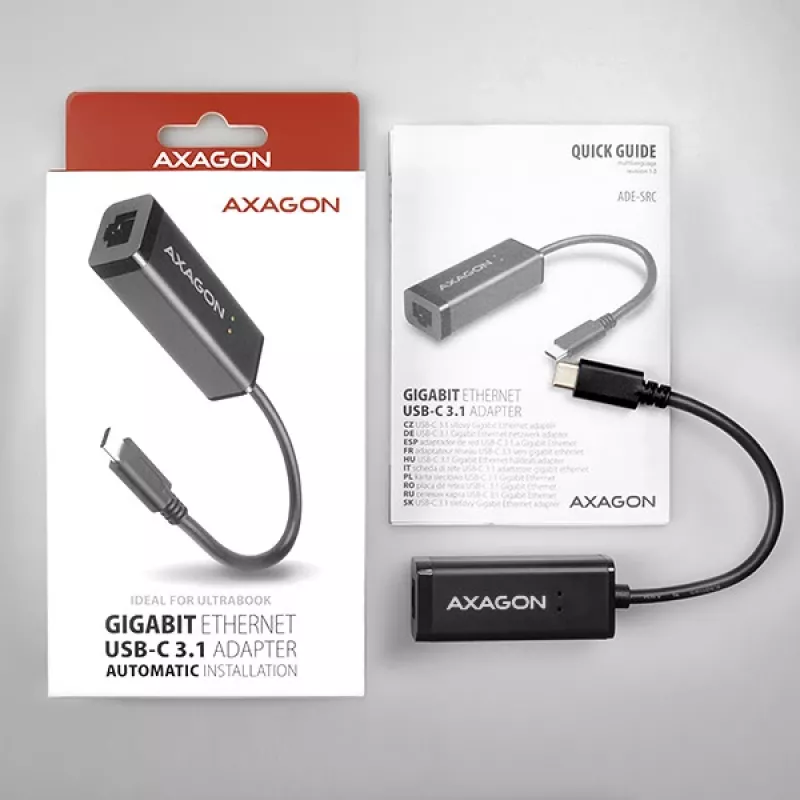 Axagon ADE-SRC USB-C gigabitu Ethernet adapteris, vadu, USB Type-C, Ethernet, 1000 Mbit/s, Melns