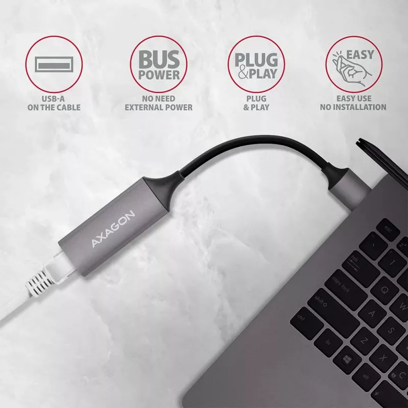 AXAGON USB 3.2 Gen 1 Type-A uz Gigabit Ethernet adapteris ADE-TR — 10/100/1000 Mbps, metāla titāna pelēks, 5000 Mbit/s