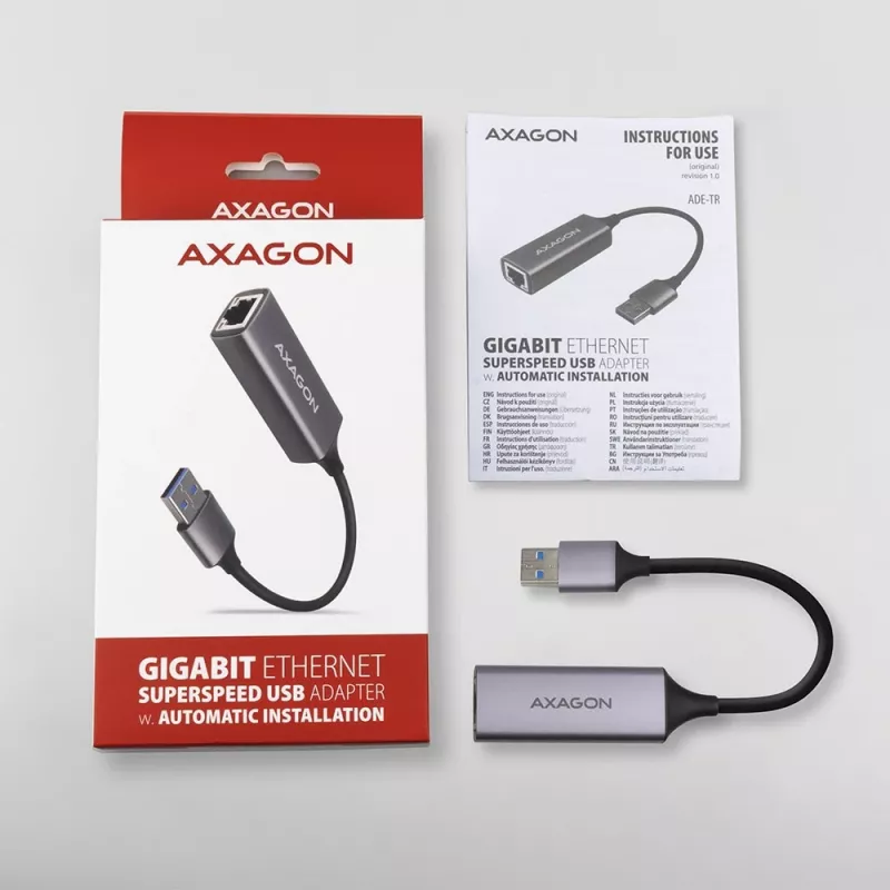 AXAGON USB 3.2 Gen 1 Type-A uz Gigabit Ethernet adapteris ADE-TR — 10/100/1000 Mbps, metāla titāna pelēks, 5000 Mbit/s