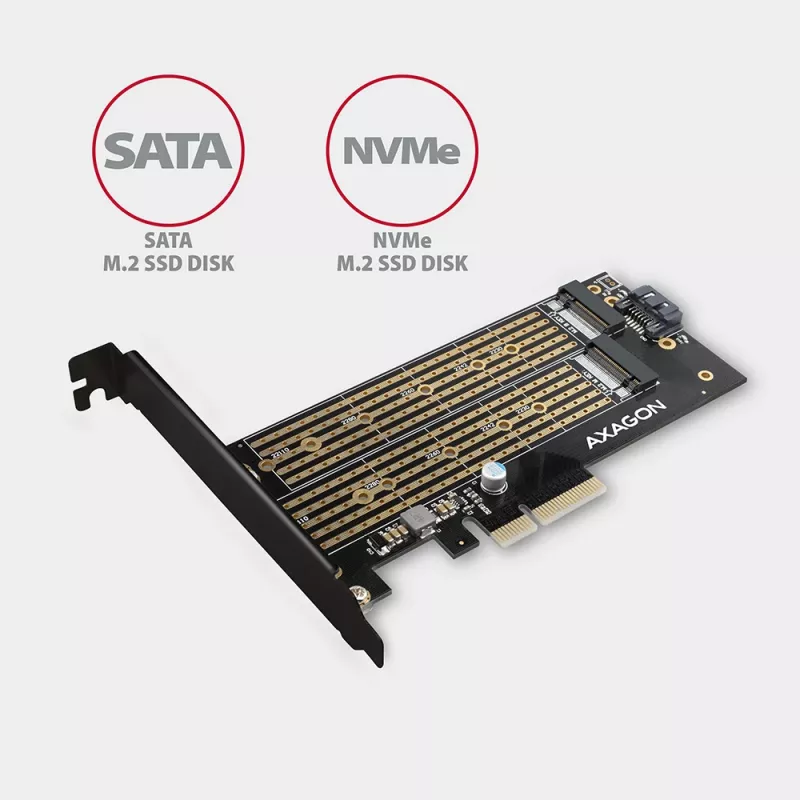 Axagon PCEM2-D PCIe x4 - M.2 NVMe M-key + SATA B-key slot adapteris ar SP un LP