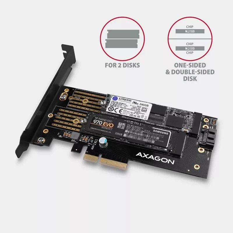 Axagon PCEM2-D PCIe x4 - M.2 NVMe M-key + SATA B-key slot adapteris ar SP un LP