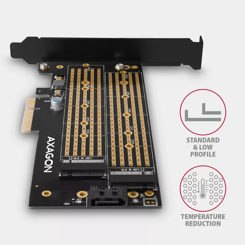 Axagon PCEM2-D PCIe x4 - M.2 NVMe M-key + SATA B-key slot adapteris ar SP un LP