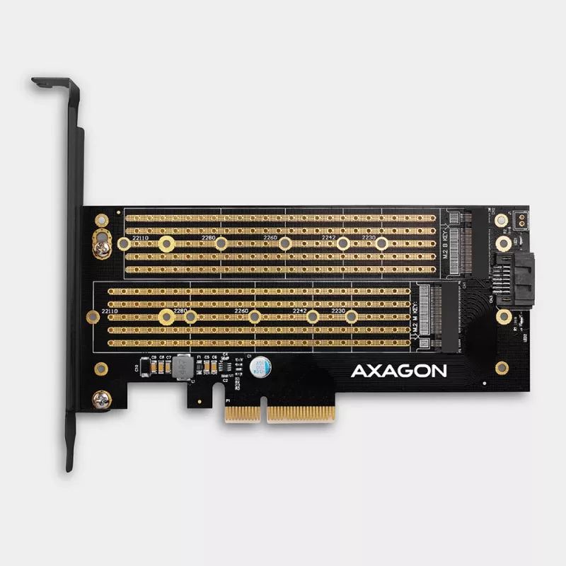 Axagon PCEM2-D PCIe x4 - M.2 NVMe M-key + SATA B-key slot adapteris ar SP un LP