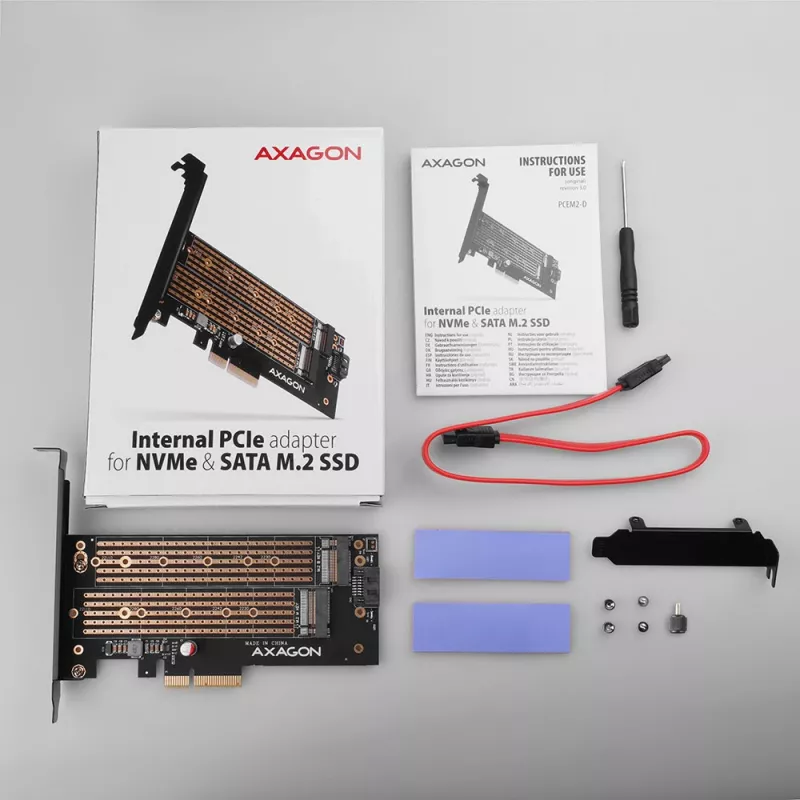 Axagon PCEM2-D PCIe x4 - M.2 NVMe M-key + SATA B-key slot adapteris ar SP un LP