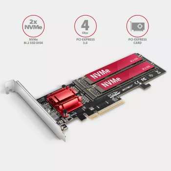 Axagon PCEM2-ND PCIe x8 - divu M.2 NVMe M-key slotu adapteris, RAID, datu slēdzis, ar SP un LP