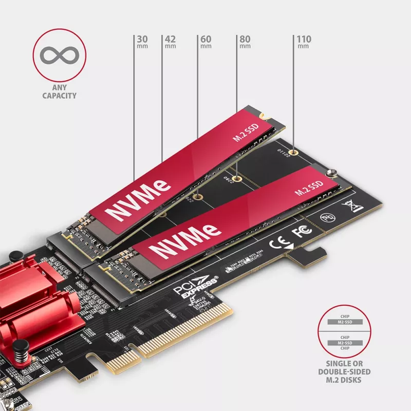Axagon PCEM2-ND PCIe x8 - divu M.2 NVMe M-key slotu adapteris, RAID, datu slēdzis, ar SP un LP