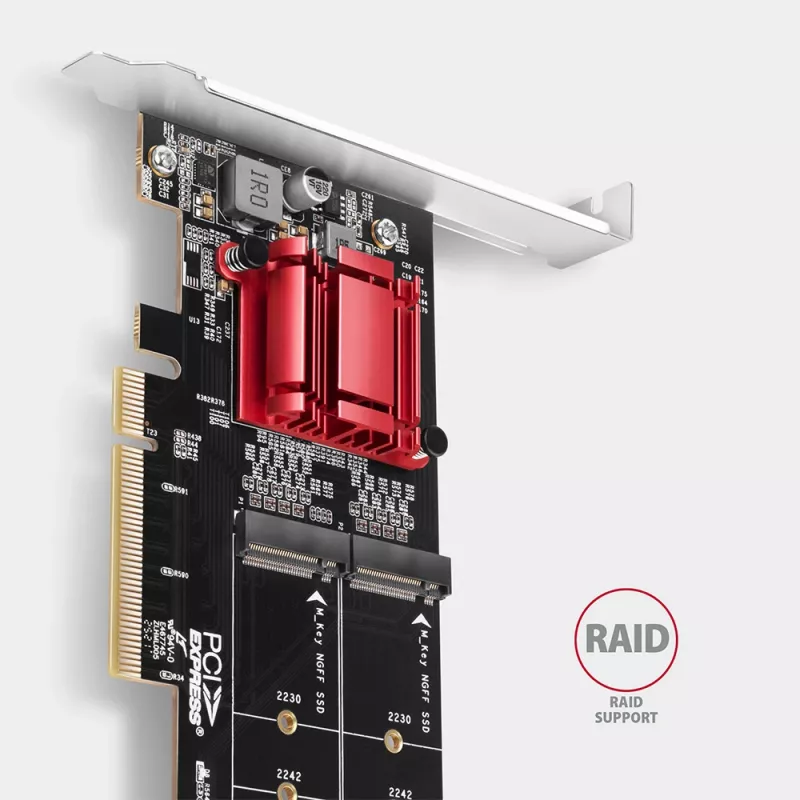 Axagon PCEM2-ND PCIe x8 - divu M.2 NVMe M-key slotu adapteris, RAID, datu slēdzis, ar SP un LP