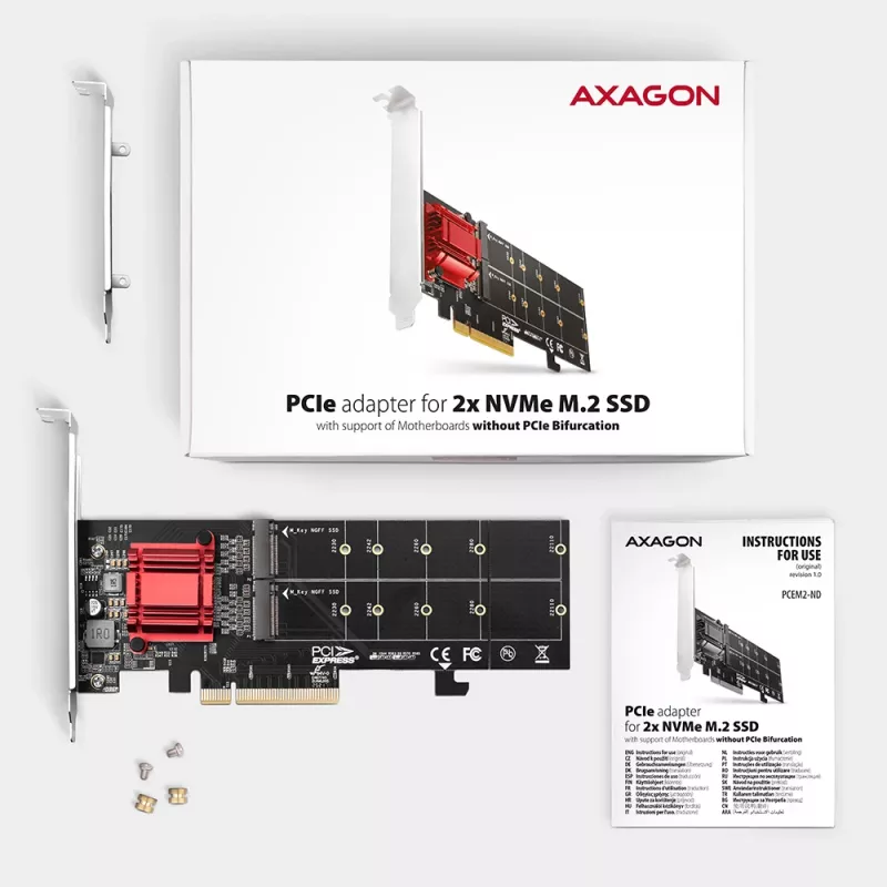 Axagon PCEM2-ND PCIe x8 - divu M.2 NVMe M-key slotu adapteris, RAID, datu slēdzis, ar SP un LP