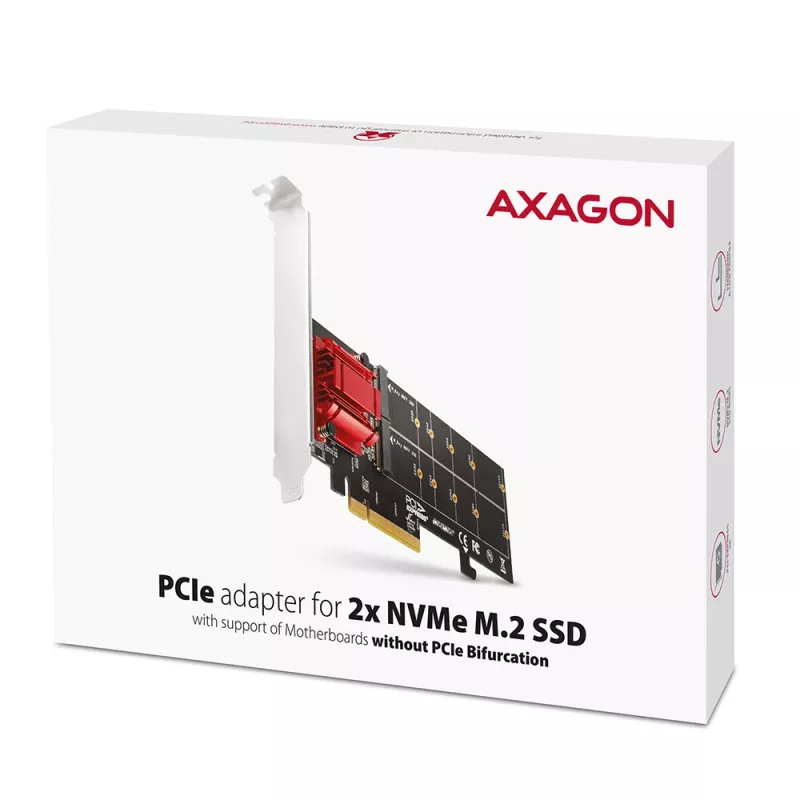 Axagon PCEM2-ND PCIe x8 - divu M.2 NVMe M-key slotu adapteris, RAID, datu slēdzis, ar SP un LP