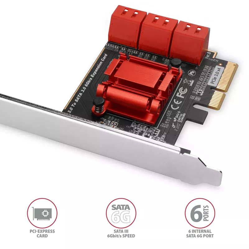 Interfeisa karte AXAGON PCES-SA6 — PCIe uz SATA (ASM1166), 6 Gbit/s, pilna augstuma/zema profila, iekšēja