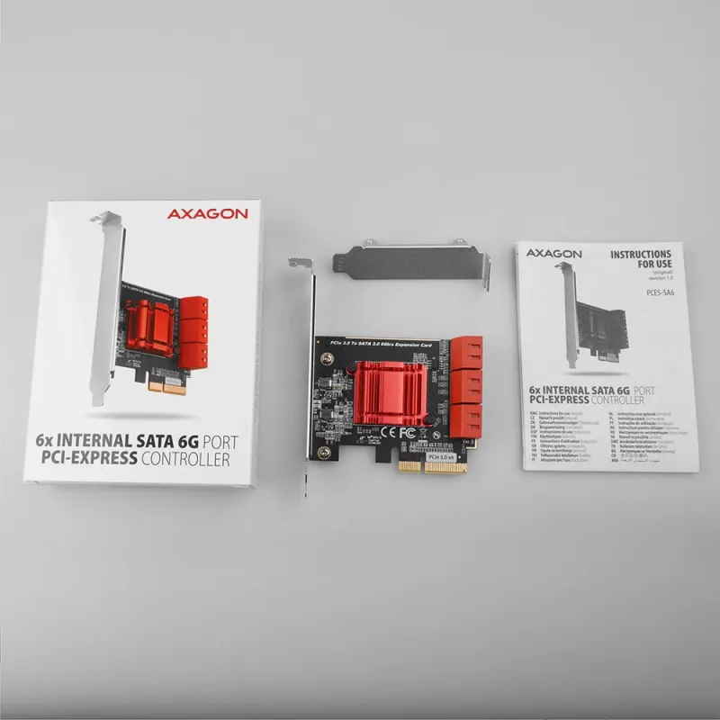 Interfeisa karte AXAGON PCES-SA6 — PCIe uz SATA (ASM1166), 6 Gbit/s, pilna augstuma/zema profila, iekšēja