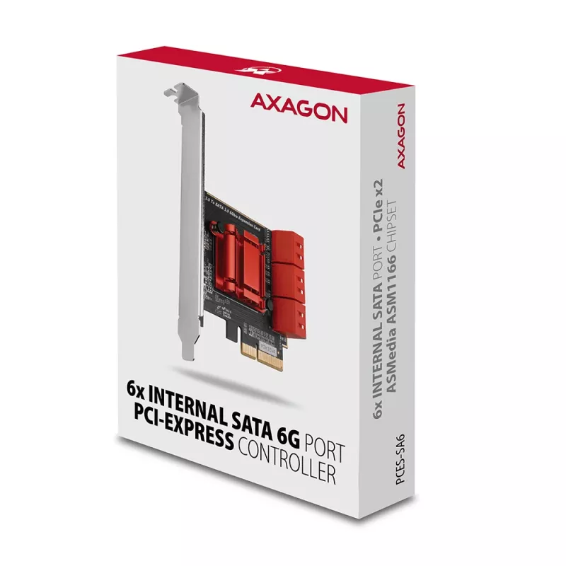 Interfeisa karte AXAGON PCES-SA6 — PCIe uz SATA (ASM1166), 6 Gbit/s, pilna augstuma/zema profila, iekšēja