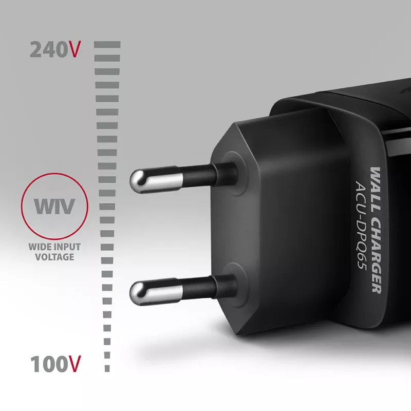 Axagon ACU-DPQ65 GaN sienas lādētājs 65W, 3x ports (USB-A + divi USB-C), PD3.0/QC4+/PPS/Apple