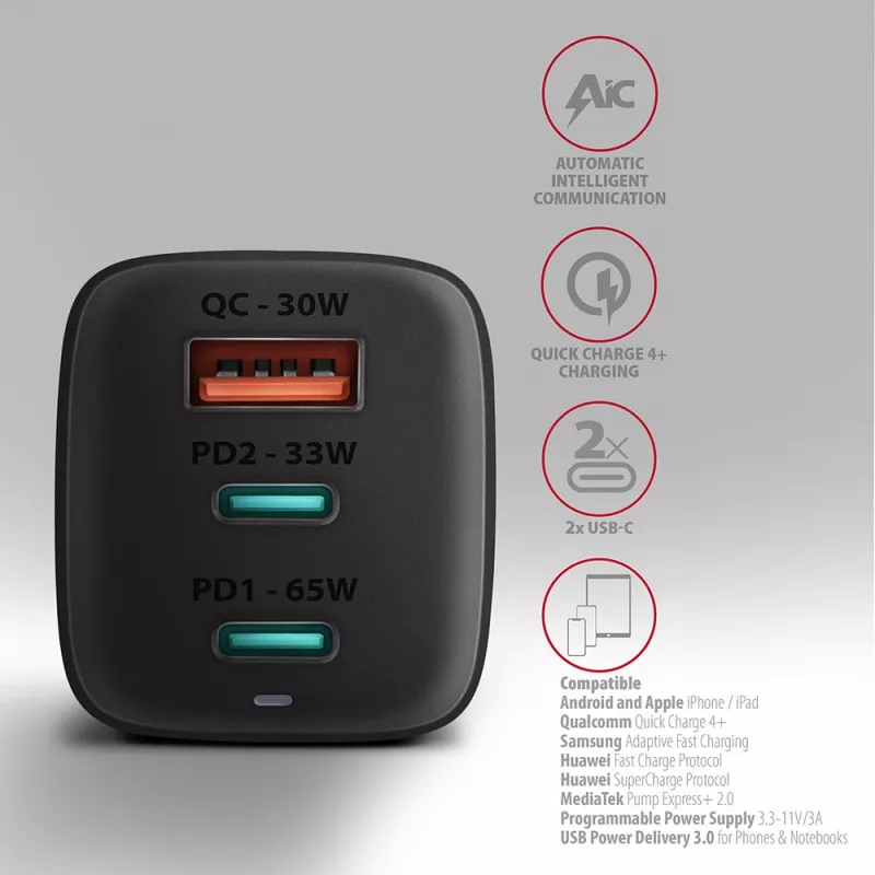 Axagon ACU-DPQ65 GaN sienas lādētājs 65W, 3x ports (USB-A + divi USB-C), PD3.0/QC4+/PPS/Apple