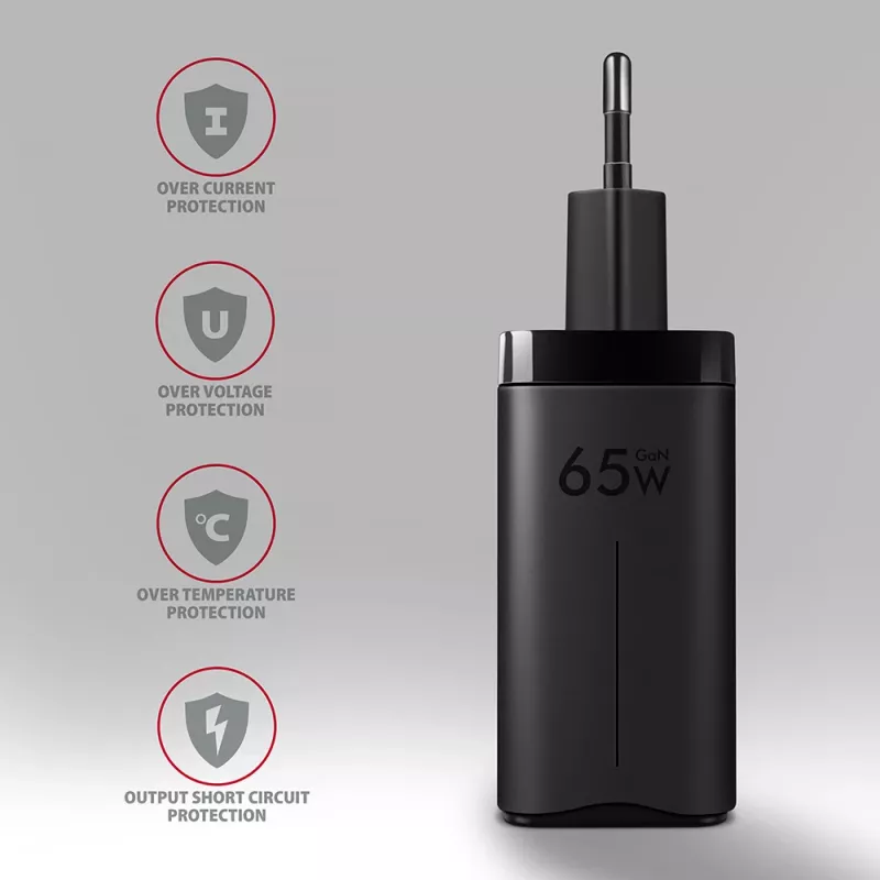 Axagon ACU-DPQ65 GaN sienas lādētājs 65W, 3x ports (USB-A + divi USB-C), PD3.0/QC4+/PPS/Apple