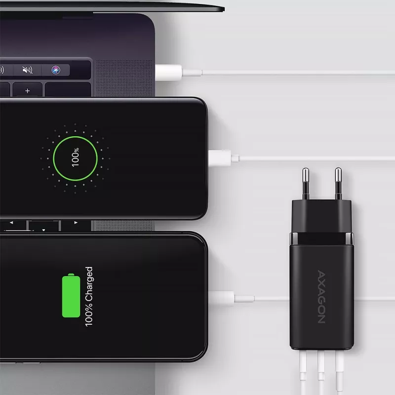 Axagon ACU-DPQ65 GaN sienas lādētājs 65W, 3x ports (USB-A + divi USB-C), PD3.0/QC4+/PPS/Apple