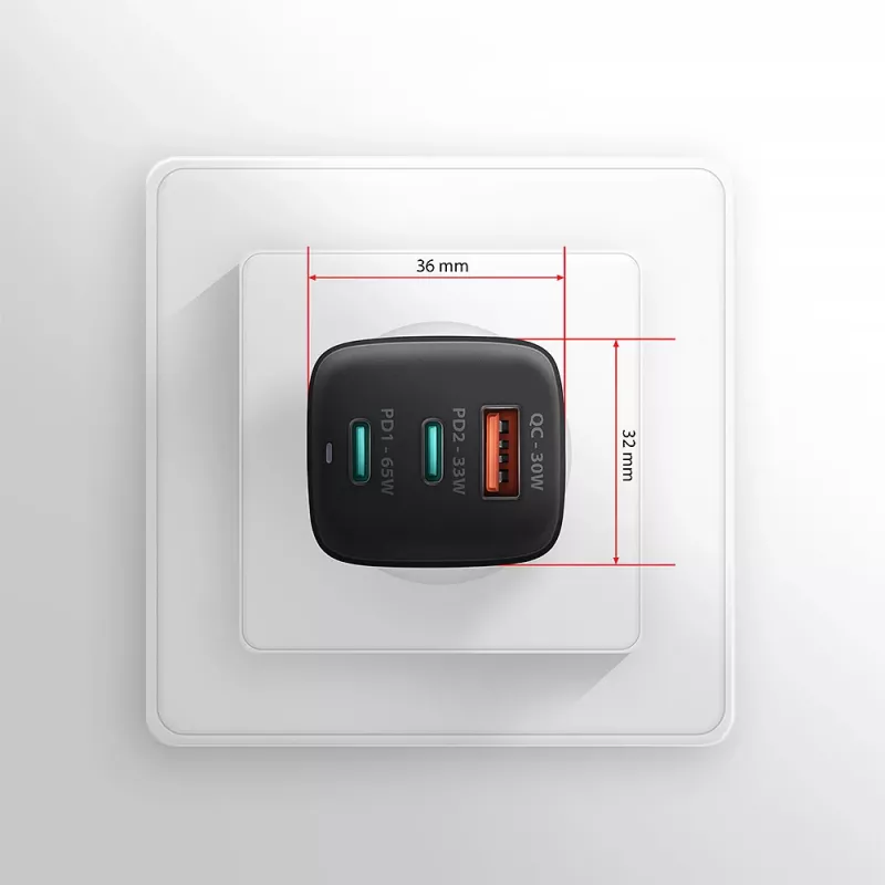 Axagon ACU-DPQ65 GaN sienas lādētājs 65W, 3x ports (USB-A + divi USB-C), PD3.0/QC4+/PPS/Apple