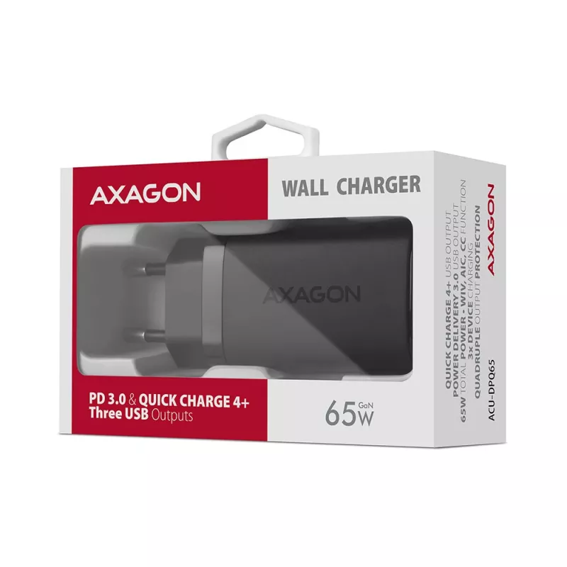 Axagon ACU-DPQ65 GaN sienas lādētājs 65W, 3x ports (USB-A + divi USB-C), PD3.0/QC4+/PPS/Apple