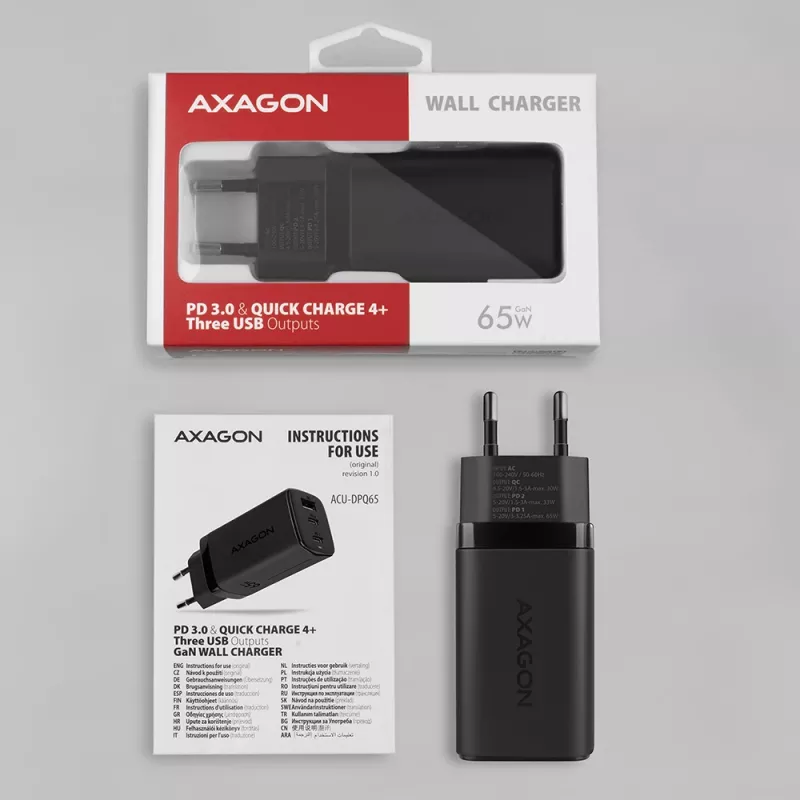 Axagon ACU-DPQ65 GaN sienas lādētājs 65W, 3x ports (USB-A + divi USB-C), PD3.0/QC4+/PPS/Apple