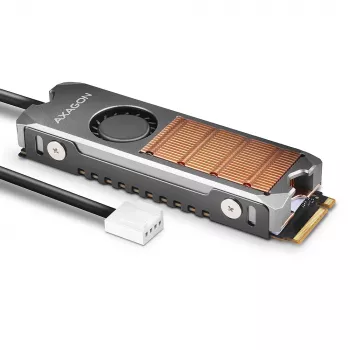 Axagon CLR-M2FAN vara radiators ar ventilatoru vienpusējiem un divpusējiem M.2 SSD diskiem, izmērs 2280, augstums 13 mm.