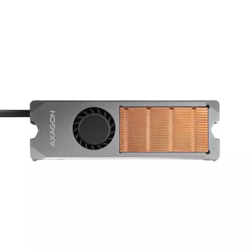 Axagon CLR-M2FAN vara radiators ar ventilatoru vienpusējiem un divpusējiem M.2 SSD diskiem, izmērs 2280, augstums 13 mm.
