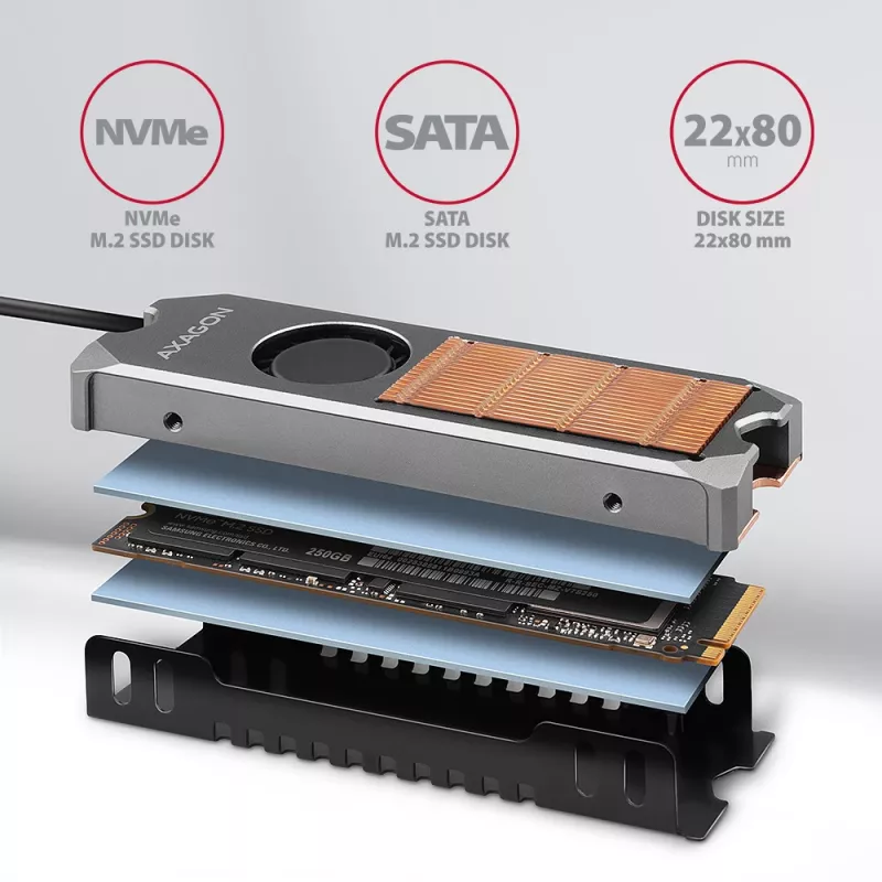 Axagon CLR-M2FAN vara radiators ar ventilatoru vienpusējiem un divpusējiem M.2 SSD diskiem, izmērs 2280, augstums 13 mm.