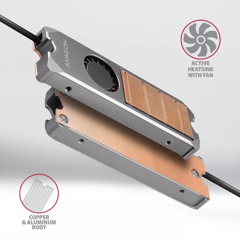 Axagon CLR-M2FAN vara radiators ar ventilatoru vienpusējiem un divpusējiem M.2 SSD diskiem, izmērs 2280, augstums 13 mm.