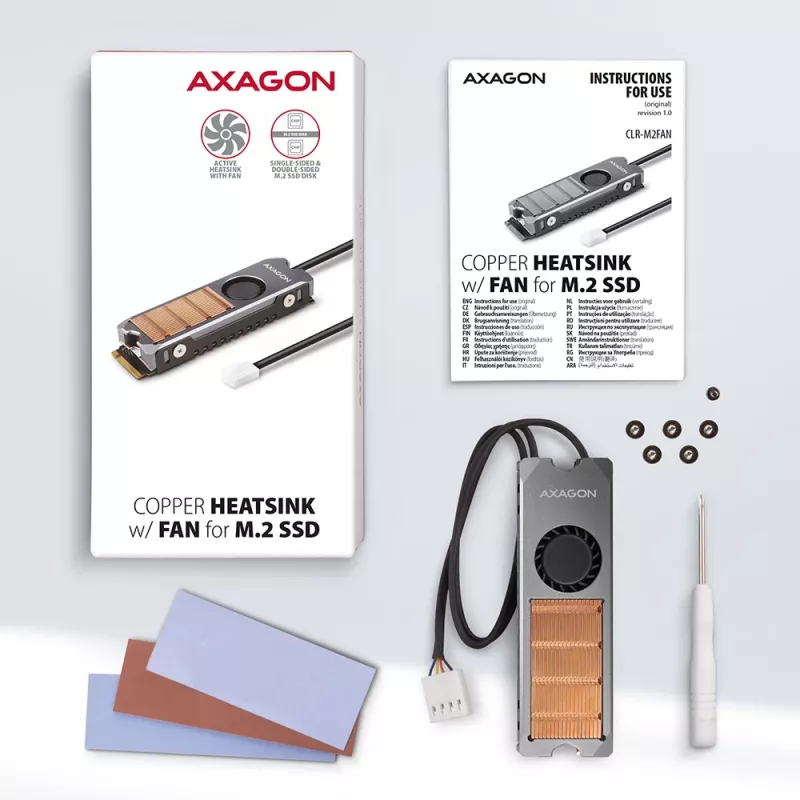Axagon CLR-M2FAN vara radiators ar ventilatoru vienpusējiem un divpusējiem M.2 SSD diskiem, izmērs 2280, augstums 13 mm.