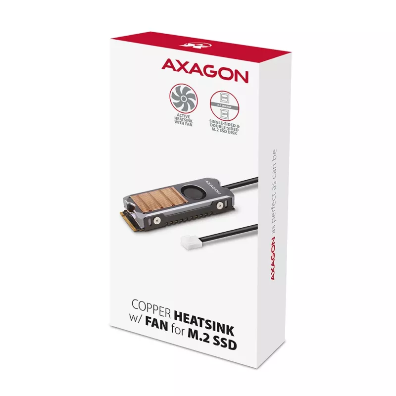 Axagon CLR-M2FAN vara radiators ar ventilatoru vienpusējiem un divpusējiem M.2 SSD diskiem, izmērs 2280, augstums 13 mm.