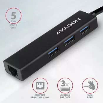 Axagon HMA-GL3A Multiport-Hubs USB 3.0 Type A Gbit-LAN 3x USB-A microSD Vadu USB 3.2 Gen 1 (3.1 Gen 1) Type-A Melns
