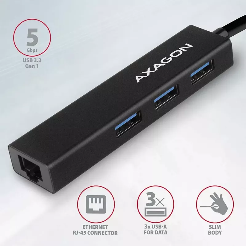 Axagon HMA-GL3A Multiport-Hubs USB 3.0 Type A Gbit-LAN 3x USB-A microSD Vadu USB 3.2 Gen 1 (3.1 Gen 1) Type-A Melns