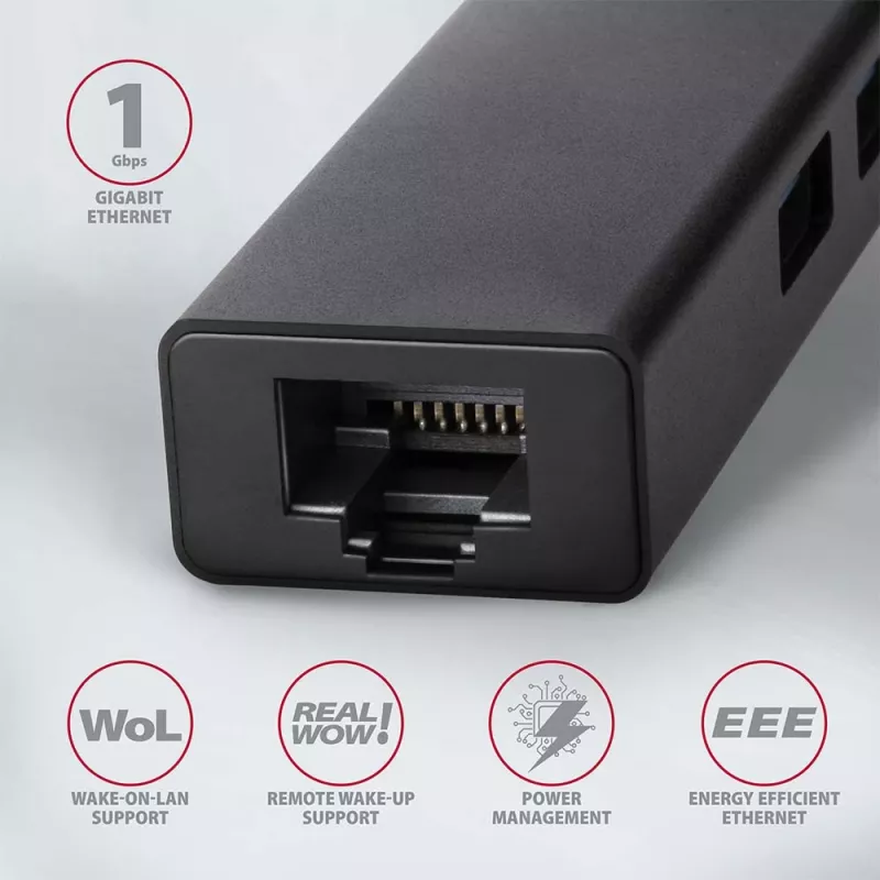 Axagon HMA-GL3A Multiport-Hubs USB 3.0 Type A Gbit-LAN 3x USB-A microSD Vadu USB 3.2 Gen 1 (3.1 Gen 1) Type-A Melns