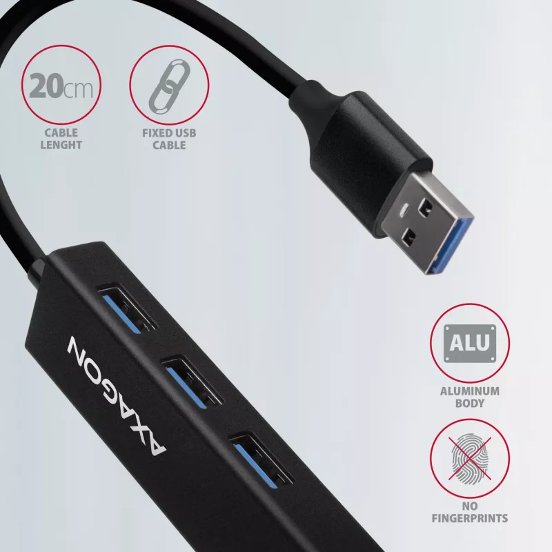 Axagon HMA-GL3A Multiport-Hubs USB 3.0 Type A Gbit-LAN 3x USB-A microSD Vadu USB 3.2 Gen 1 (3.1 Gen 1) Type-A Melns
