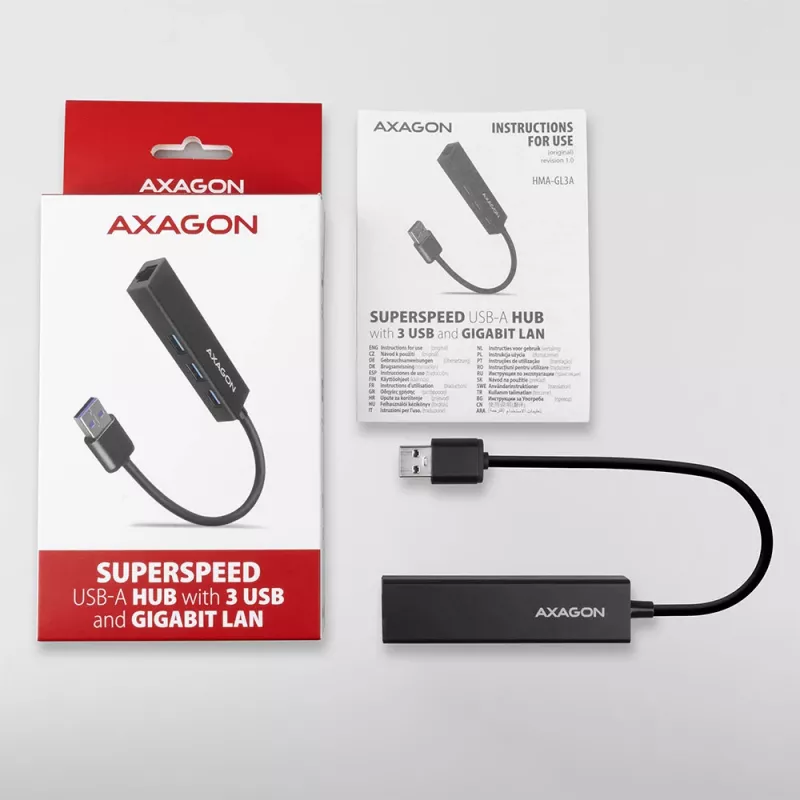 Axagon HMA-GL3A Multiport-Hubs USB 3.0 Type A Gbit-LAN 3x USB-A microSD Vadu USB 3.2 Gen 1 (3.1 Gen 1) Type-A Melns