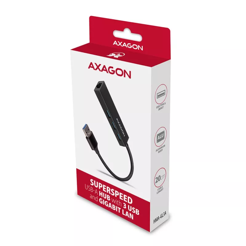 Axagon HMA-GL3A Multiport-Hubs USB 3.0 Type A Gbit-LAN 3x USB-A microSD Vadu USB 3.2 Gen 1 (3.1 Gen 1) Type-A Melns