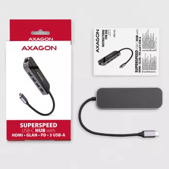 Axagon HMC-6GL USB 3.2 Gen 1 centrmezgls, 3x USB-A, HDMI 4k/30Hz, RJ-45, PD 100W, 20 cm USB-C kabelis