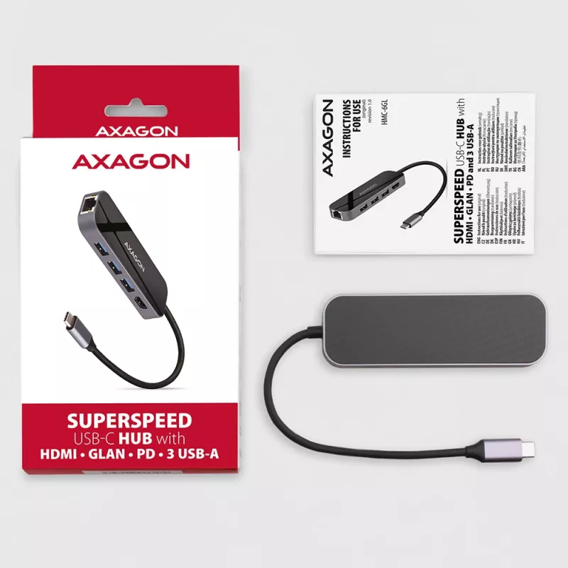 Axagon HMC-6GL USB 3.2 Gen 1 centrmezgls, 3x USB-A, HDMI 4k/30Hz, RJ-45, PD 100W, 20 cm USB-C kabelis