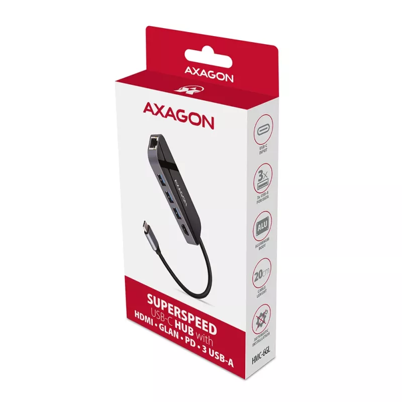 Axagon HMC-6GL USB 3.2 Gen 1 centrmezgls, 3x USB-A, HDMI 4k/30Hz, RJ-45, PD 100W, 20 cm USB-C kabelis