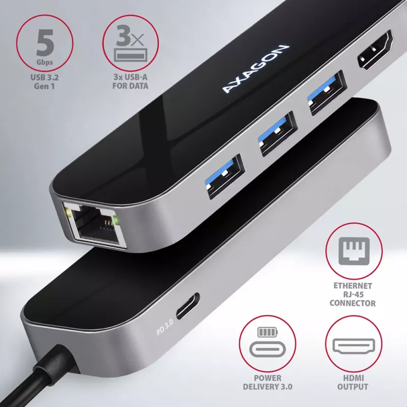Axagon HMC-6GL USB 3.2 Gen 1 centrmezgls, 3x USB-A, HDMI 4k/30Hz, RJ-45, PD 100W, 20 cm USB-C kabelis