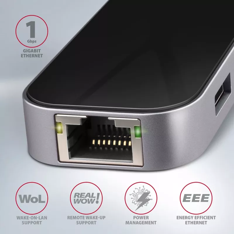 Axagon HMC-6GL USB 3.2 Gen 1 centrmezgls, 3x USB-A, HDMI 4k/30Hz, RJ-45, PD 100W, 20 cm USB-C kabelis