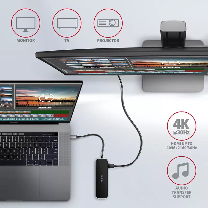 Axagon HMC-6GL USB 3.2 Gen 1 centrmezgls, 3x USB-A, HDMI 4k/30Hz, RJ-45, PD 100W, 20 cm USB-C kabelis