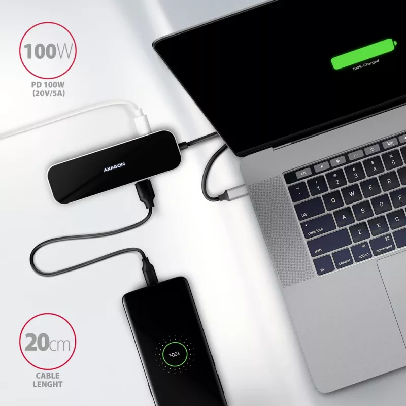 Axagon HMC-6GL USB 3.2 Gen 1 centrmezgls, 3x USB-A, HDMI 4k/30Hz, RJ-45, PD 100W, 20 cm USB-C kabelis